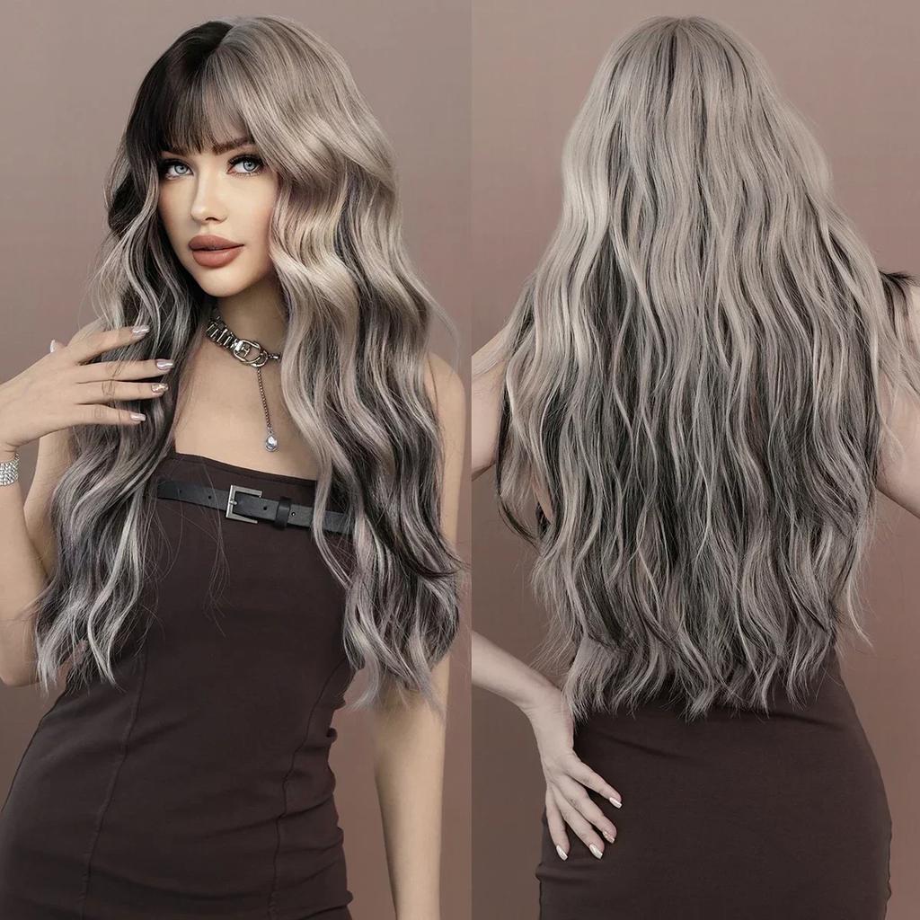 Professional  Loose Long Body Wavy Orange Wig for Women Daily Use Fashion Synthetic LightOrange Curly Hair Wigs with Bangs High Density 28Inch