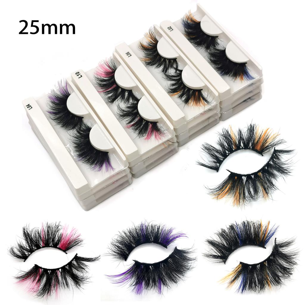 1 Pair Fluffy 25MM Mink Eyelashes Colored Lashes Bulk Wholesale Pink White Red Blue 5D Mink Lashes Supplies Makeup Tools