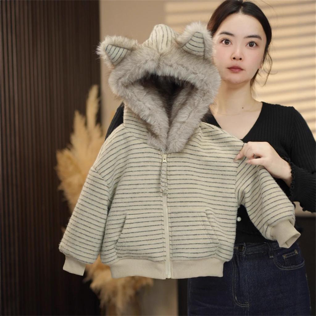 Boys Warm Fleece Lined Hooded Jacket with Cat Ears and Stripes for Autumn Winter