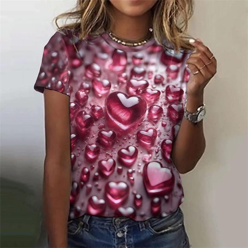 3D-gedrucktes Herz Liebe T-Shirt für Damen Bunte Glasmuster T-Shirts Sommer Freizeit T-Shirts Rundhals Oberteile Locker Kurzärmlig