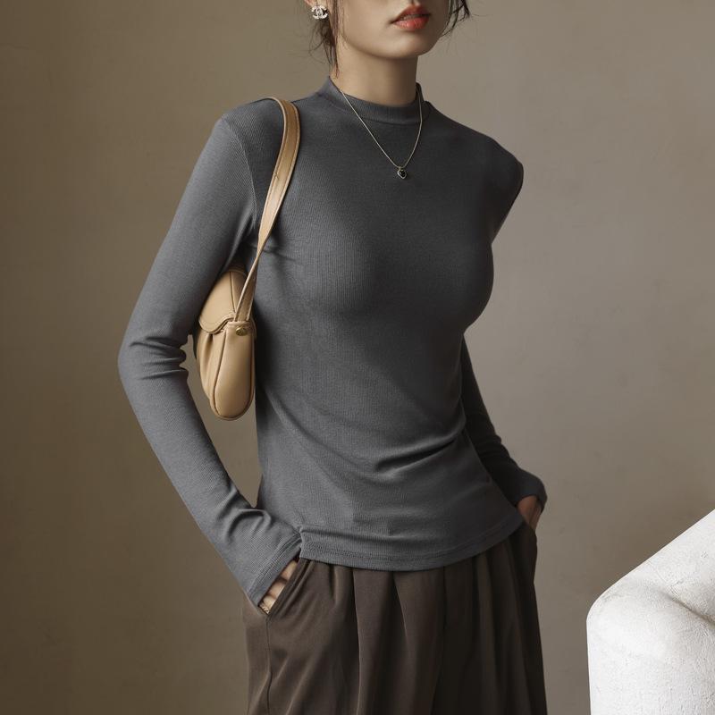 High Stretch Solid Color Round Neck T-shirt for Women Slim Fit Long Sleeved T-shirt Top