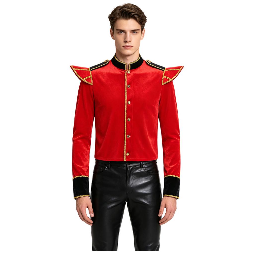 Stand Collar Long Sleeve Velvet Jacket with Gold Trim and Shoulder Boards for Men Circus Ringmaster Halloween Carnival Costume