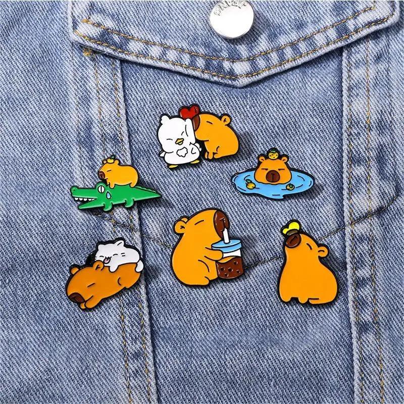 6pcs Cute Cartoon Capybara Brooch Creative Animal Duck Alloy Lapel Pin Badge Backpack Clothing Hat Accessories