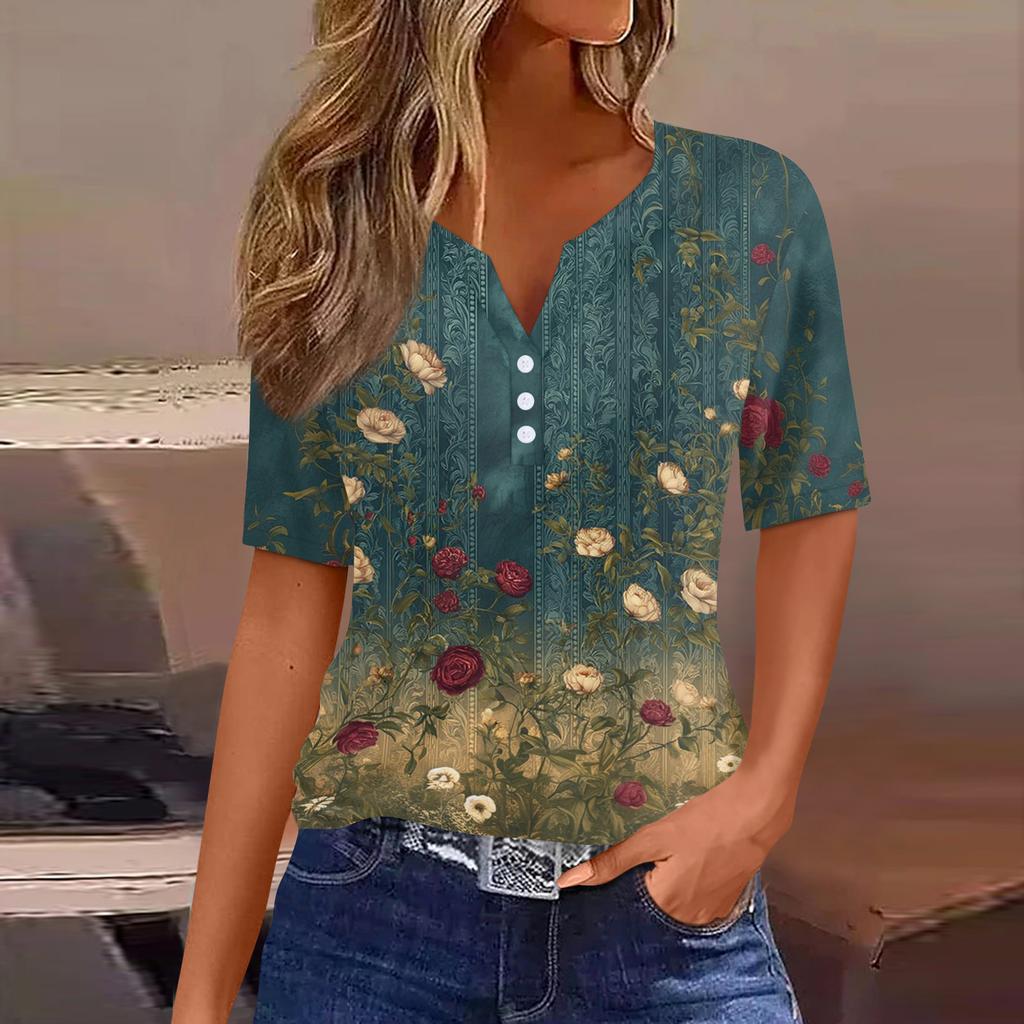 Women Fashion Casual Floral Print V Neck Short Sleeve T Shirt Top with Decorative Buttons Relaxed Fit Blouse for Daily Wear