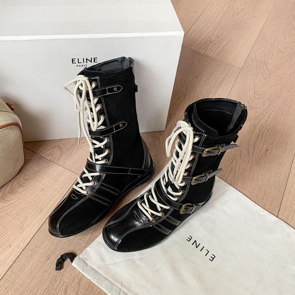 Cowhide version~ retro inner height increase 7cm boxing boots women's lace-up splicing belt buckle casual short boots Martin boots