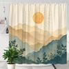 ~O~1pc Geometric Sun Mountain Plants Shower Curtain - Minimalist Vintage Design, Polyester, 70.8x70.8", 12 Hooks, Machine Washab