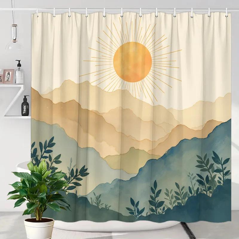 ~O~1pc Geometric Sun Mountain Plants Shower Curtain - Minimalist Vintage Design, Polyester, 70.8x70.8", 12 Hooks, Machine Washab