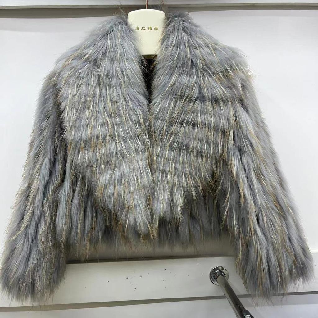 Real Raccoon Fur Coat Quilted Braided Large Lapel Fur Coat High Waist Short Style Youthful Temperament Winter Top