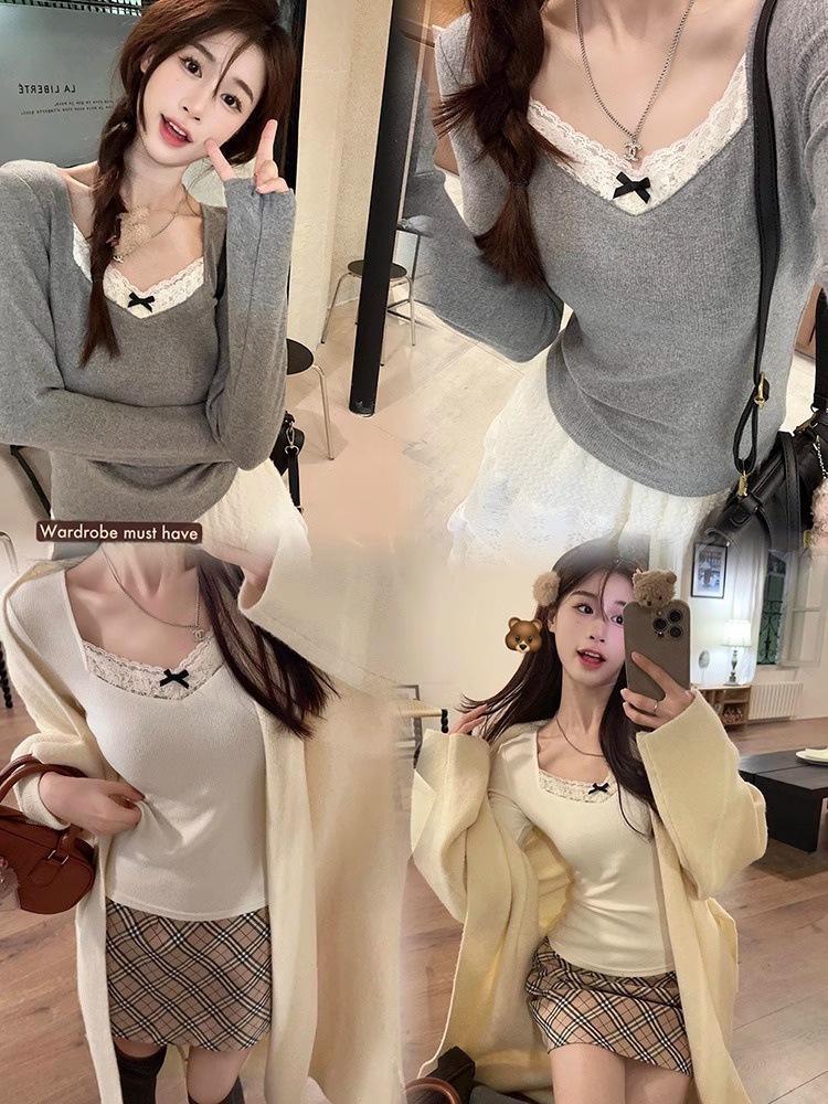 Gray Lace-Stitched Long Sleeve Top: 2024 Spring/Autumn Niche Women's Shirt