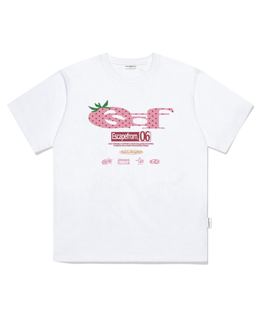ESCAPEFROM Strawberry Dot Escf Logo Collage Print Oversized Short Sleeve T-Shirt White