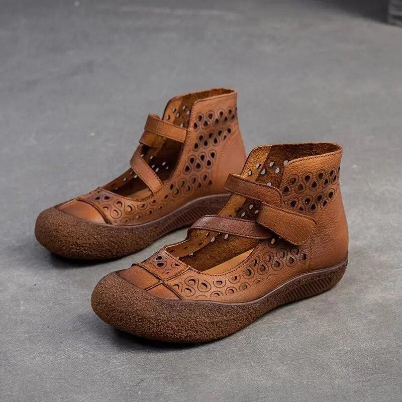 Johnature Içi boş nefes alabilen sandalet hakiki deri Retro yumuşak taban rahat çok yönlü kadın ayakkabısı