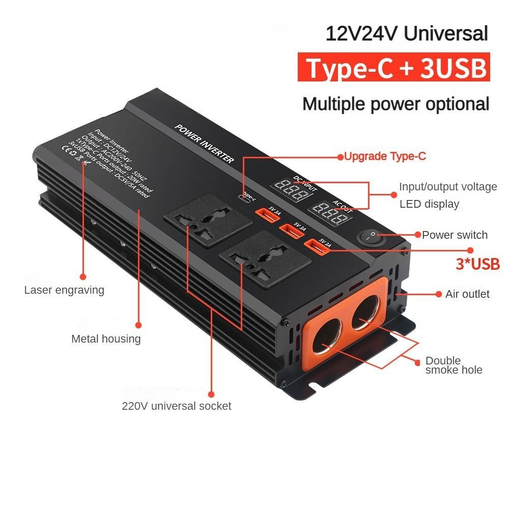 600w/1200w/2000w 12V/24V to 220V LED Display Screen Power Converter Intelligent Portable Car Inverter Universal Inverter