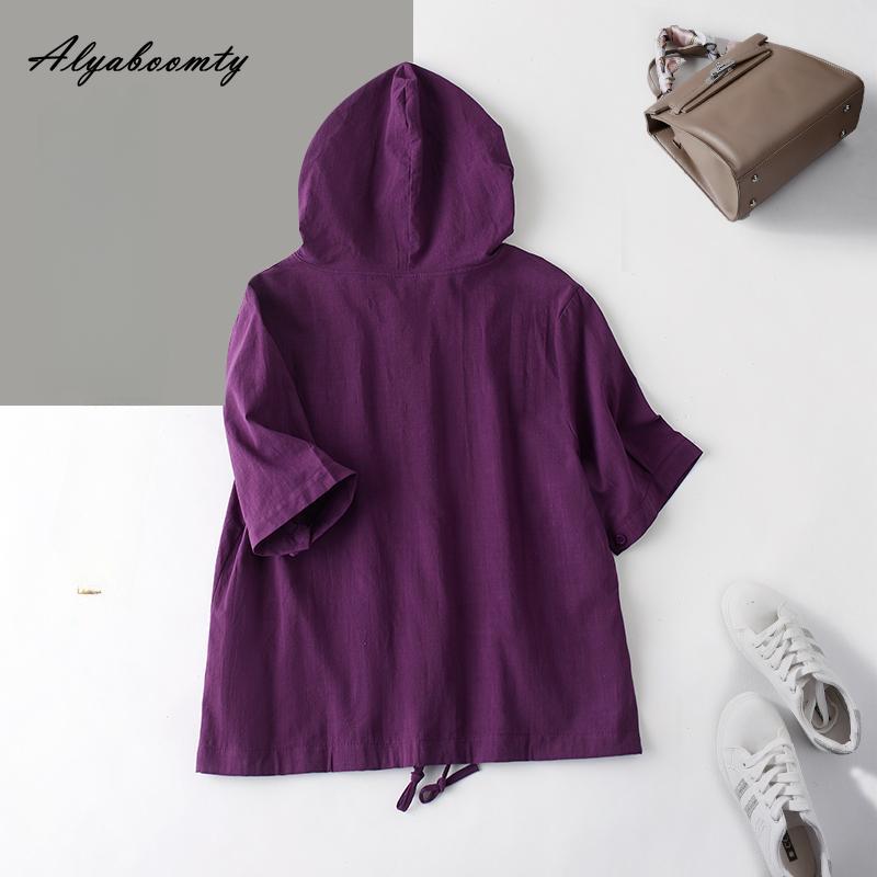 Korean Fashion Summer Women Oversized Cardigan Hooded Coffee Purple Cotton Linen Casual Loose Blouse Plus Size Vintage Ladies Thin Coat
