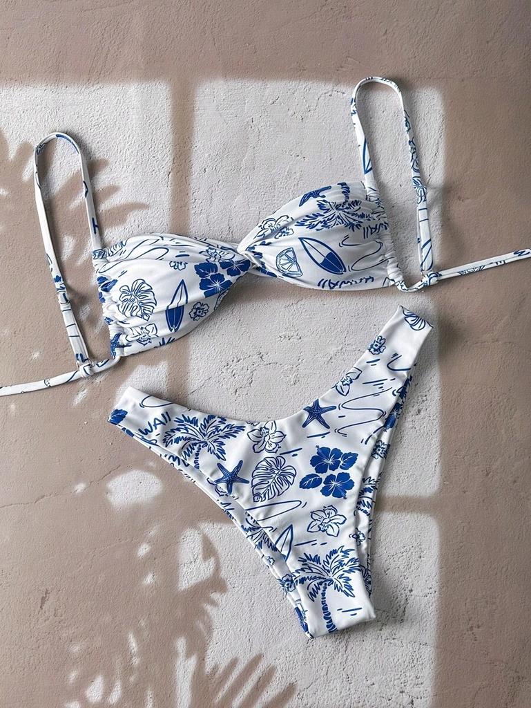 European And American Printed Bikini Swimsuit Female Sexy Lace-Up Halter Split Two-Piece Bikini Vacation Swimsuit