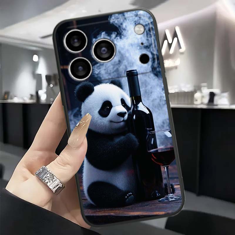 Cartoon Anime Panda Cute For Apple iPhone 17 16 16E 15 14 13 12 11 Pro Max Plus Black Soft Silicone Phone Case
