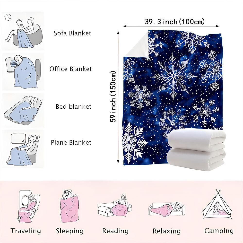 Winter Snowflake Blanket - Dark Blue Background with Intricate White Snowflakes & Whimsical Dots, Soft Cosy Printed Throw for