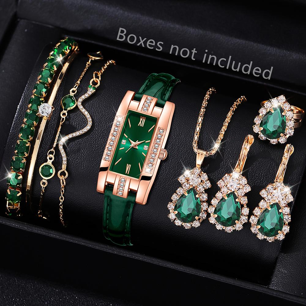 

9PCS Green Women s Watch Set Trendy Fashion Rectangular Dial Quartz Watch Bracelet Necklace Earrings Set Holiday Gift зелёный