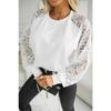 Lace Long Sleeve Splice 2026 Blouse Loose Women Simple Spring Autumn Sweet Casual Shirts Solid Color O Neck Tops Basic Hollow Out T-shirts