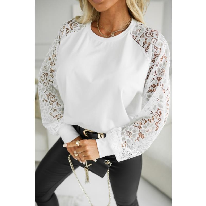 Lace Long Sleeve Splice 2026 Blouse Loose Women Simple Spring Autumn Sweet Casual Shirts Solid Color O Neck Tops Basic Hollow Out T-shirts