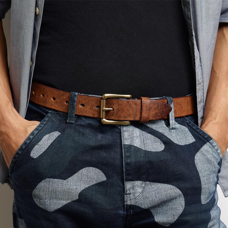 Retro Real Cowhide Belt Copper Buckle Men's Handmade First Layer Cowhide Belt Casual Jeans Belt