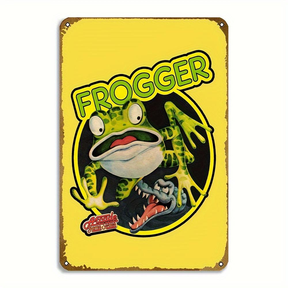 

Retro Metal Wall Art Decor with FROGGER Text Classic Video Game Design Green with Open Mouth Yellow Background Perfect 20x30cm（7.8x11.8inch）