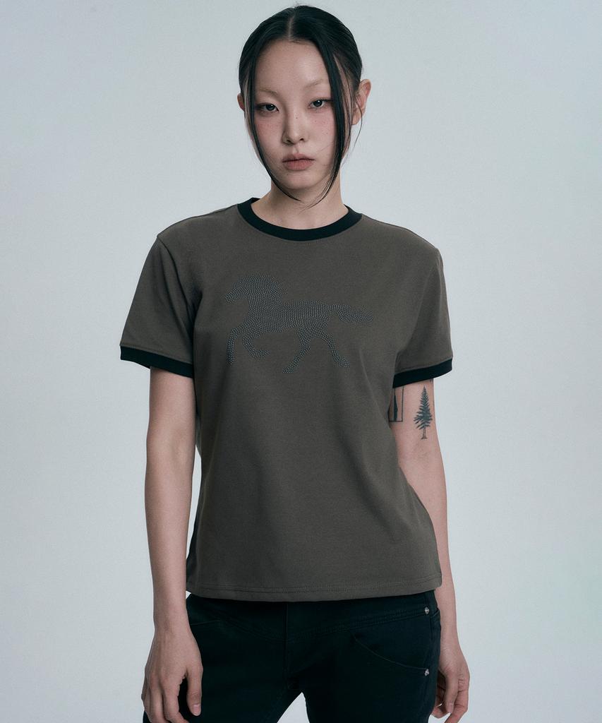 MOO Horse Hotfix Ringer Short Sleeve T-Shirt - Khaki