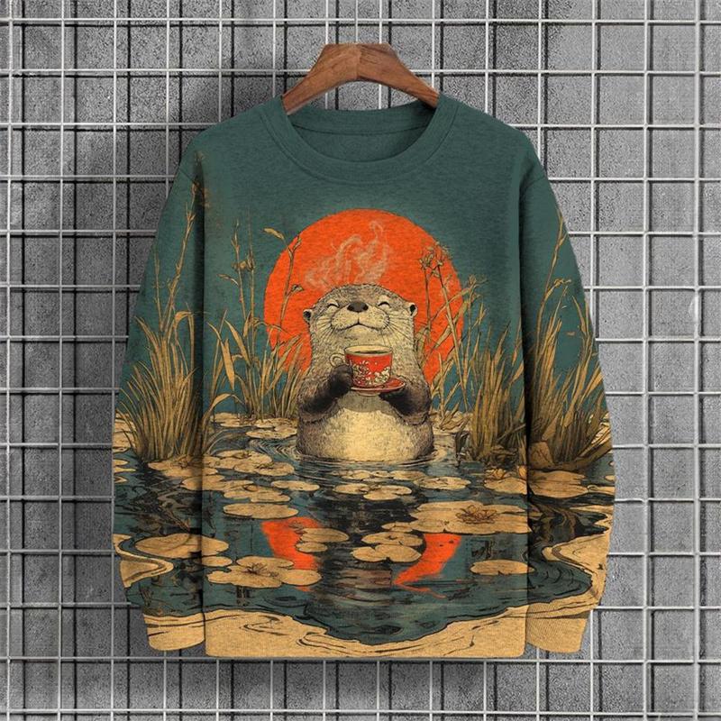 Japanese Pattern Sweatshirts For Women Space Cat 3D Printed Pullover Autumn Oversized O-Neck Hoodies Long Sleeves Clothing Tops