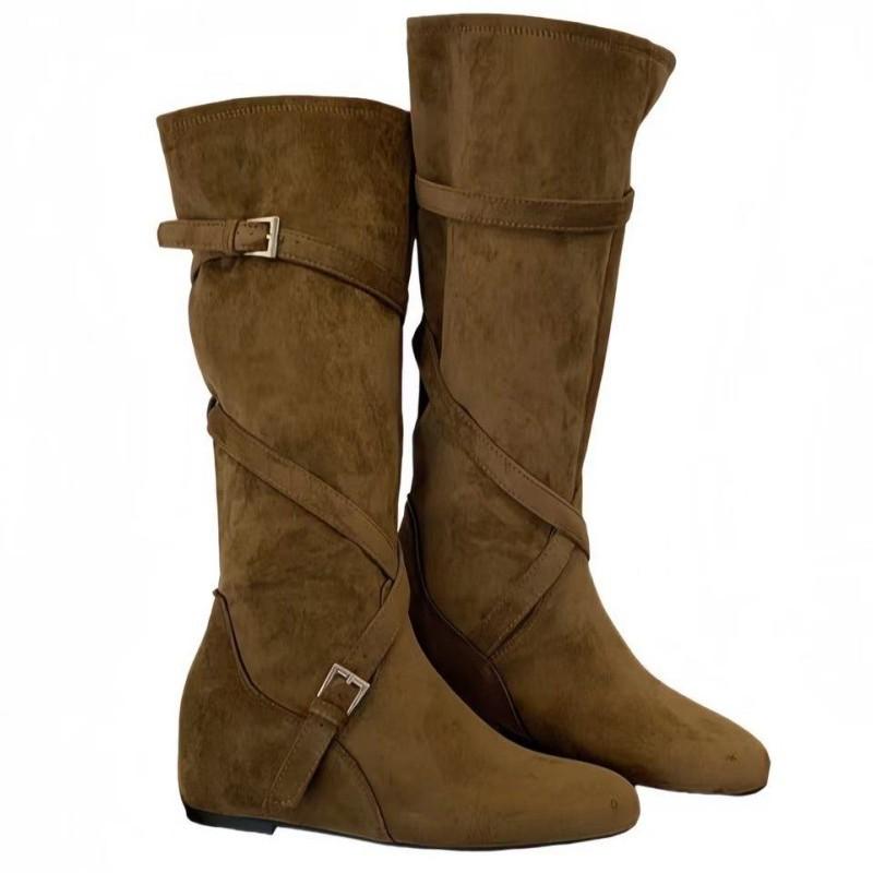 Small Inner Height Increase Belt Buckle Suede Western Cowboy Boots Women's Round Head Cover Boots Inner Height Increase But Knee Boots