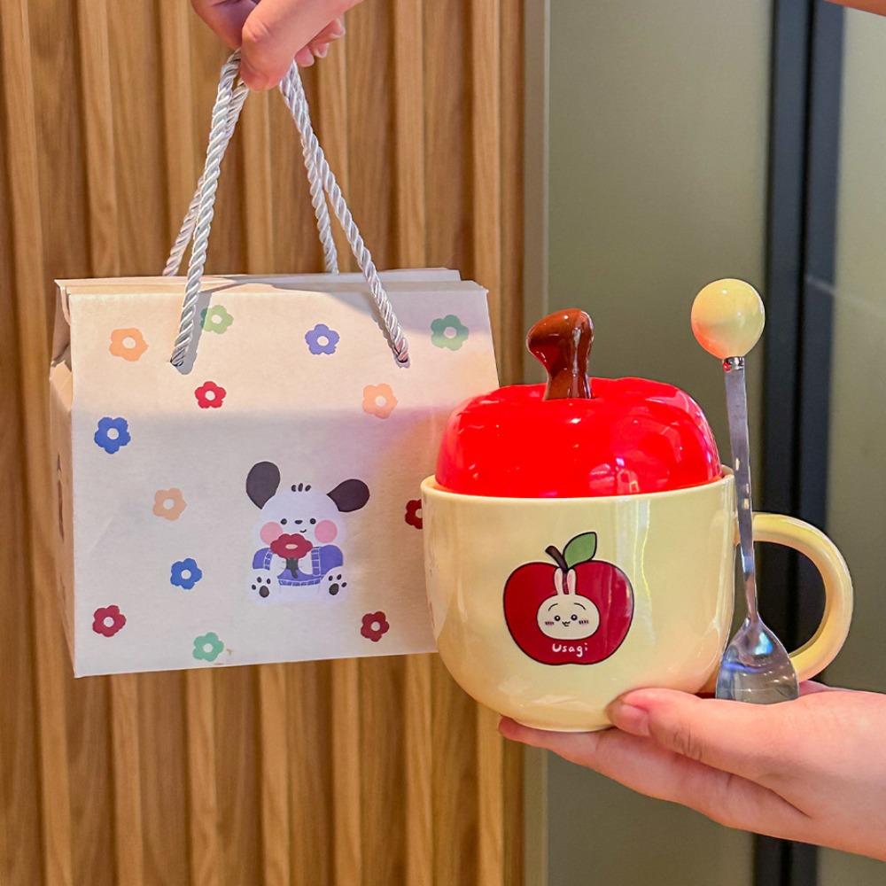 Cute Apple High-value Cup Ceramic Mug with Lid Spoon Couple Home Coffee Cup Girl Birthday Gift