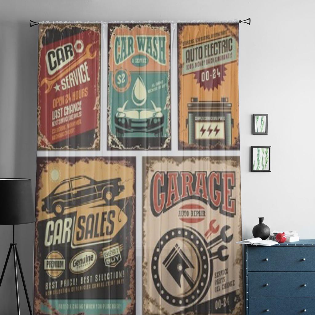 Vintage Auto Service Metallschilder und Poster Transparente Vorhänge für Wohnzimmer Tüll-Fenstervorhang Schlafzimmer Küche Schleier Vorhänge