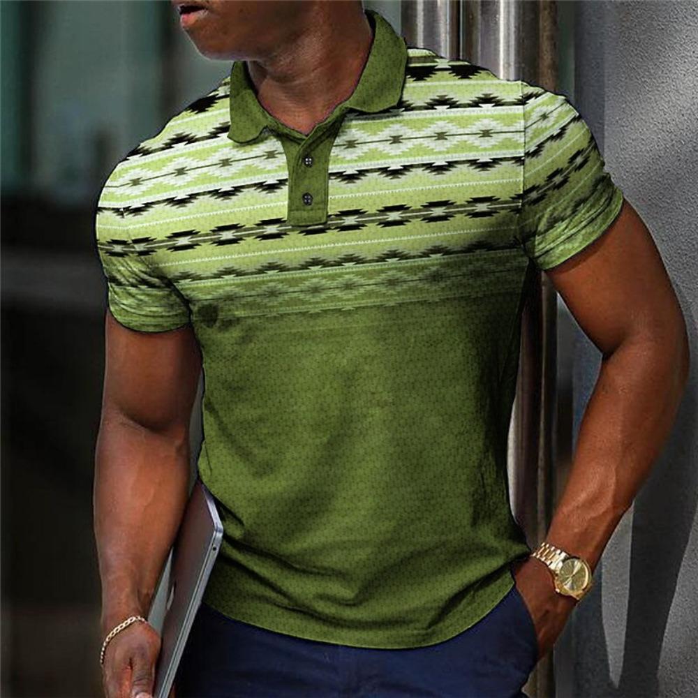 Geometric Color Blocking Pattern 3D Digital Printing Men's Casual Polo Shirt