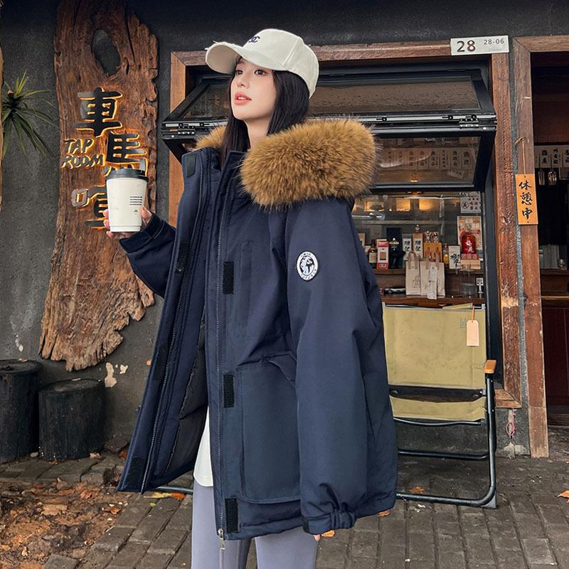 

Winter new tooling Parker cotton-padded clothes women s thickened warm loose hooded big fur collar cotton-padded jacket XL141-160 темно-синий