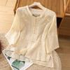 Women's Chinese Style Linen Blouse Floral Embroidery Frog Button 3/4 Sleeve Casual Top