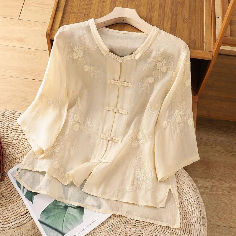 Women's Chinese Style Linen Blouse Floral Embroidery Frog Button 3/4 Sleeve Casual Top