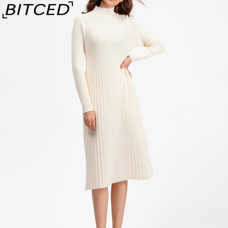 BITCED Women's Autumn Winter Plain Knitted Turtleneck Long Sleeve High Waist Sweater Dress