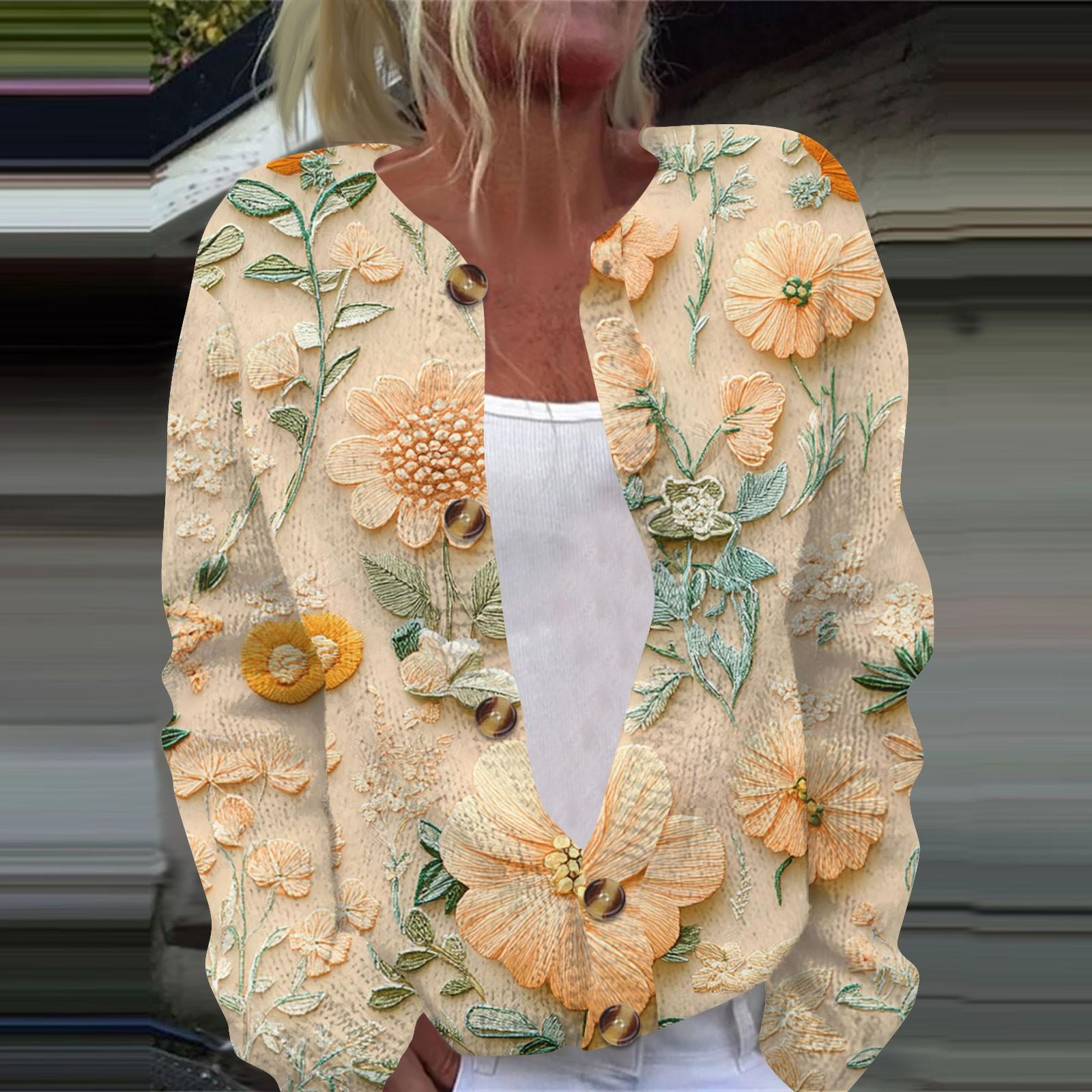 

Женская повседневная мода ретро цветочный принт длинный рукав кардиган куртка на пуговицах XXL светло-зеленый