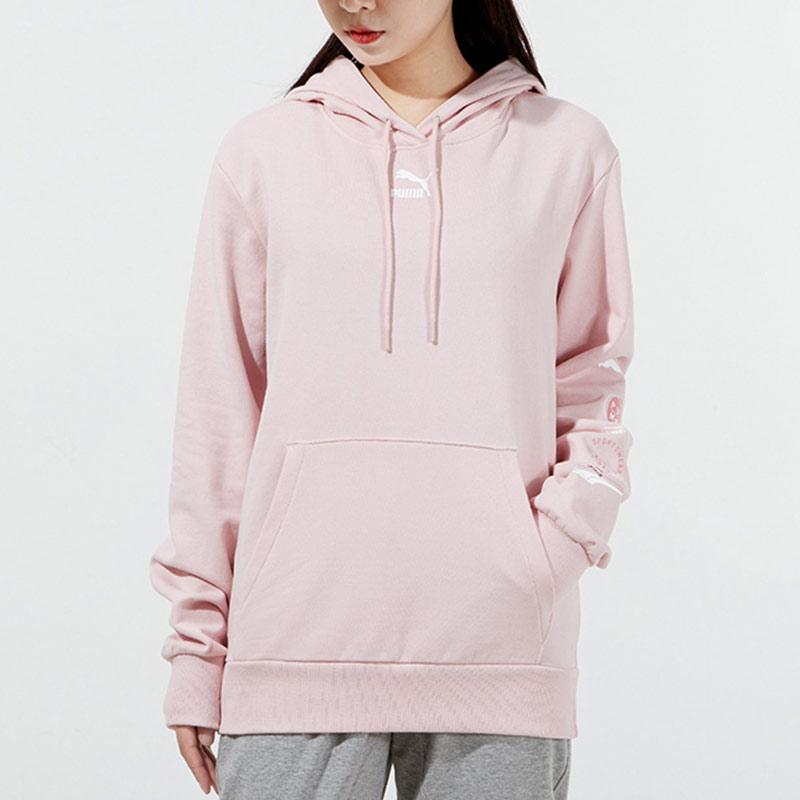 PUMA Logo Print Drawstring Hoodie Sweatshirt Women Tops Pink 534417-36