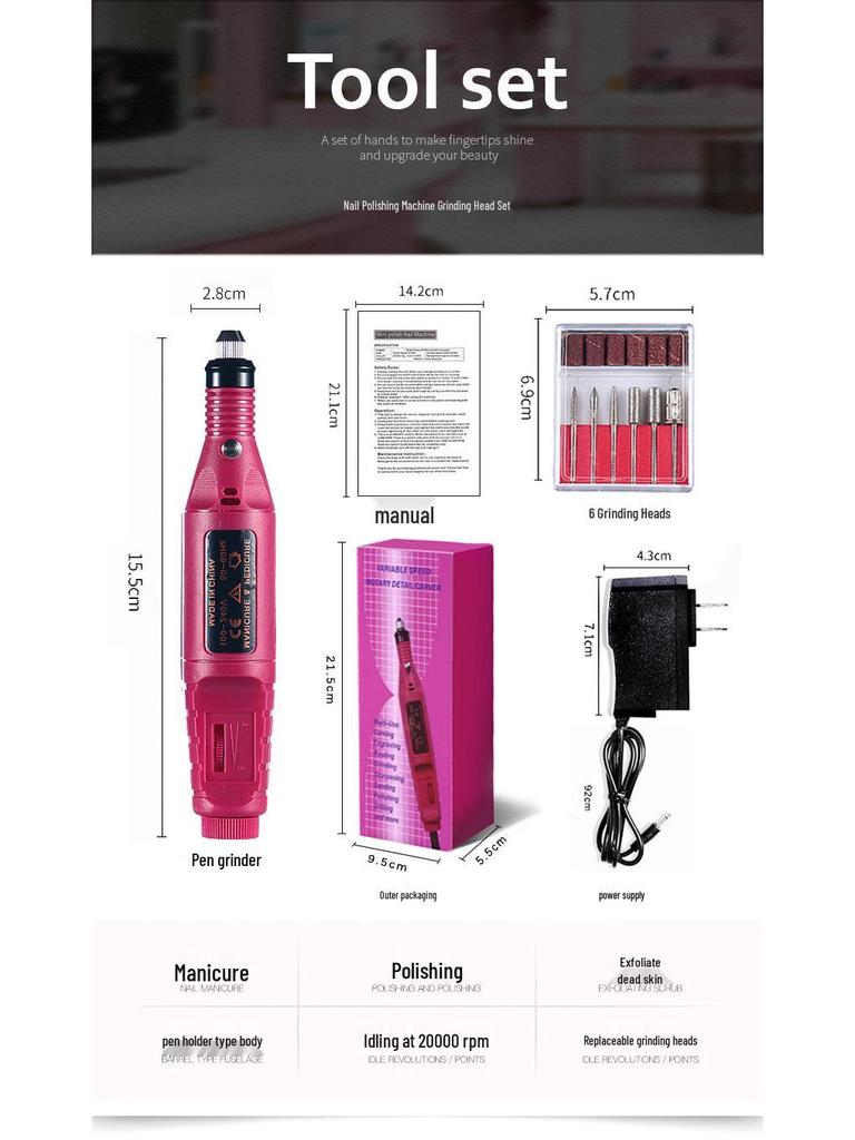 Pen-type Electric Nail File Set with EU/US Plug for Home or Salon Use