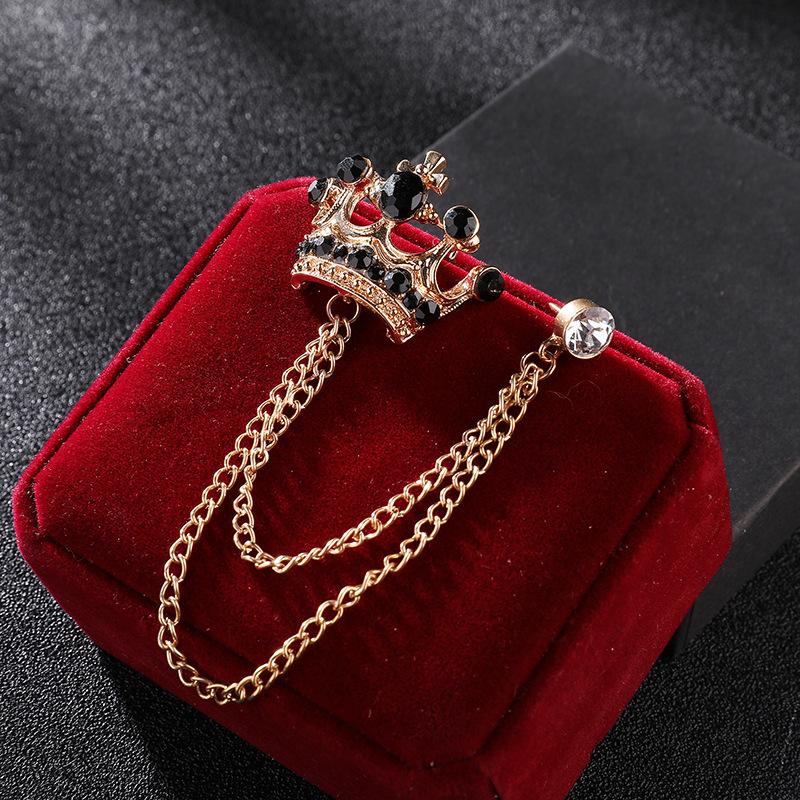 High-end Brooch Crown Crystal Rhinestones Brooches Tassel Chain Lapel Pin British Style Men's Suit Shirt Collar Luxulry Jewelry