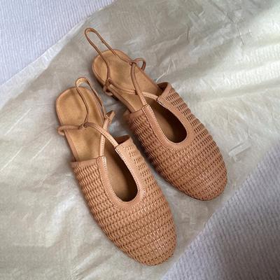 Sandalias con cabeza de bolsa tejida de cuero 2015, calzado retro de verano para mujer estilo abuela, zapatillas frescas de fondo plano estilo hada