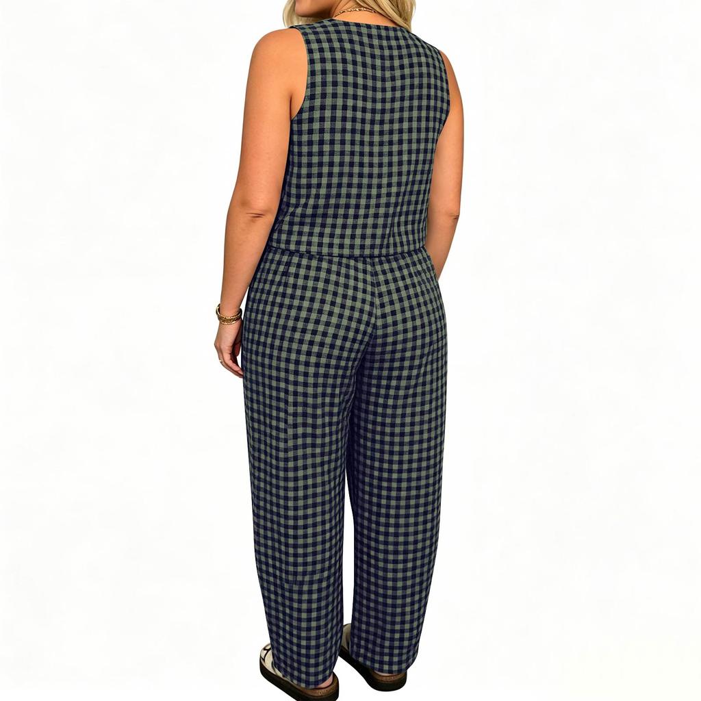 Lockeres ärmelloses Oberteil und weite Hose im Karomuster, lässiges zweiteiliges Outfit für Damen, bequeme Alltagskleidung