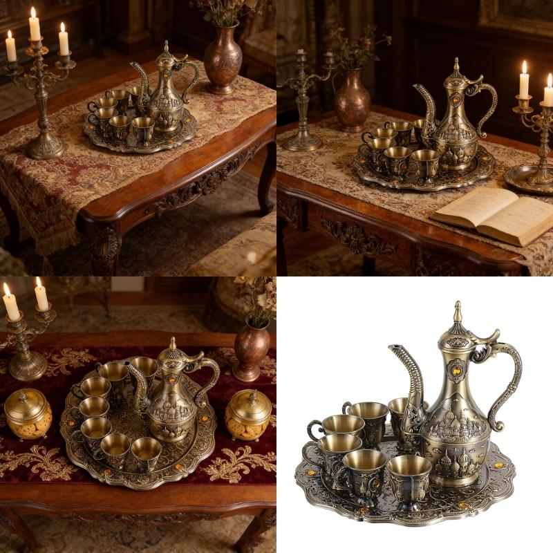 Zinc Alloy Barwares Set For Cocktail Parties And Home Decoration Bronze Finish And Simple Cleaning Coffee Pot and Cups
