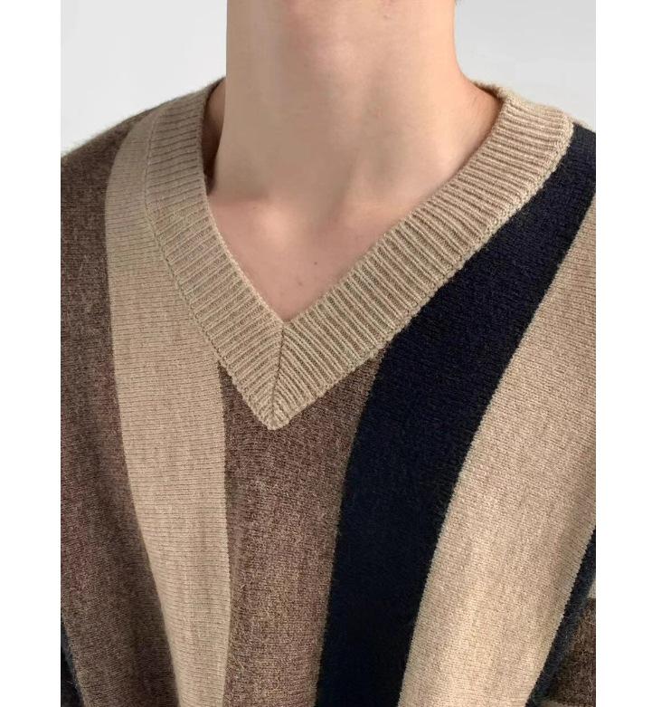 Men's Korean Style Striped V-Neck Autumn/Winter Loose Knit Color Block Pullover Sweater