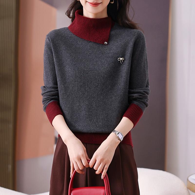 2026 Trendy Color Block Knit Sweater with Lapels - Stylish Women's Loose Fit Layered Top