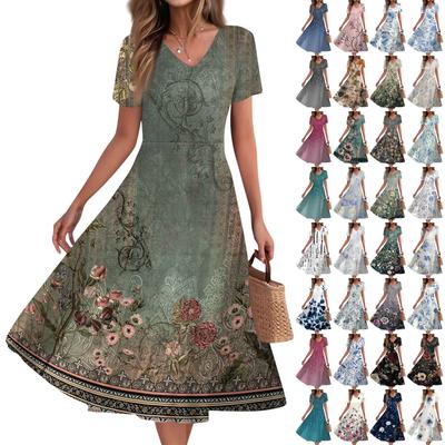 Women's Summer Casual Fashion Print Pocket Short Sleeve V-Neck Swing Dress