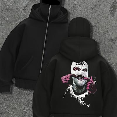 Men's Quirky Printed Balaclava Hoodie, Double Hoodie, Street Style, Comfortable and Warm Autumn and Winter Clothing