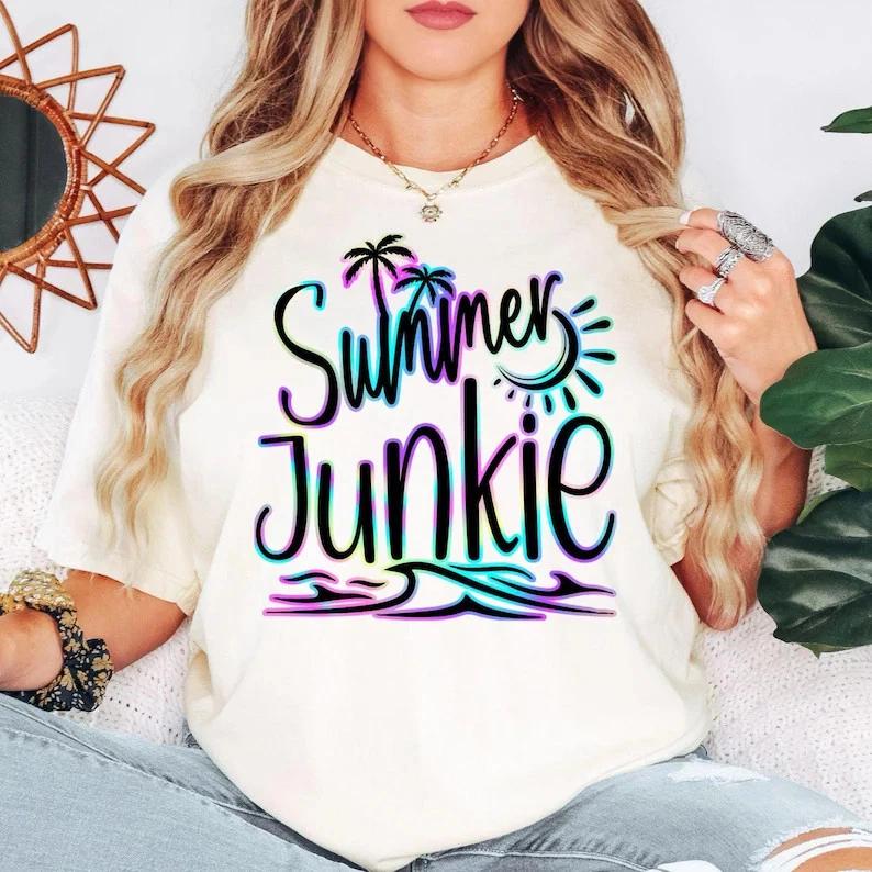 Summer Junkie  Shirt Ocean Wave Tropical Beach Graphic Tee 4XL