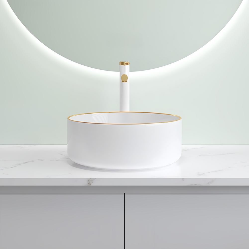 Marble patterned modern circular ceramic bathroom sink, freestanding washbasin, luxurious gold edged washbasin(excluding faucet)