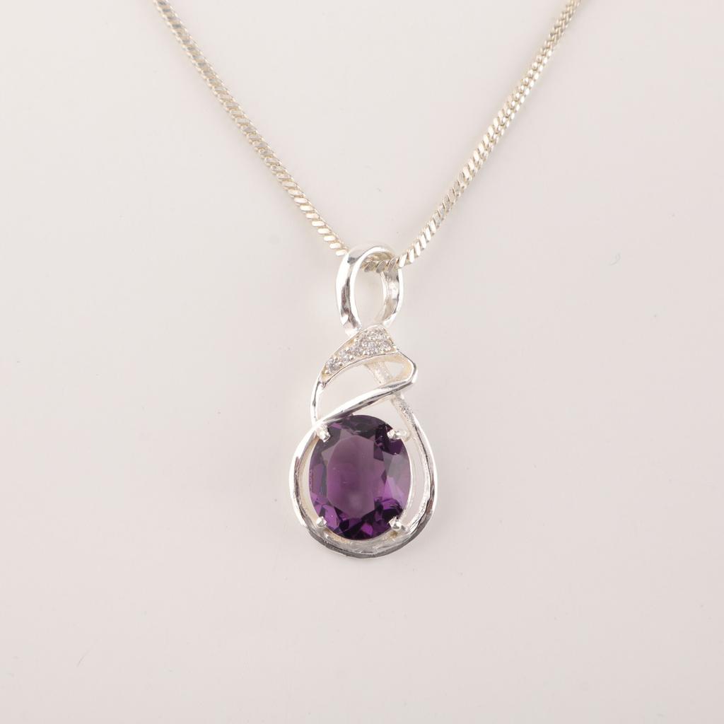 Natural Amethyst Gemstone 925 Sterling Silver Boho Jewelry Zircon Pendant 1.22" CZP-13-1