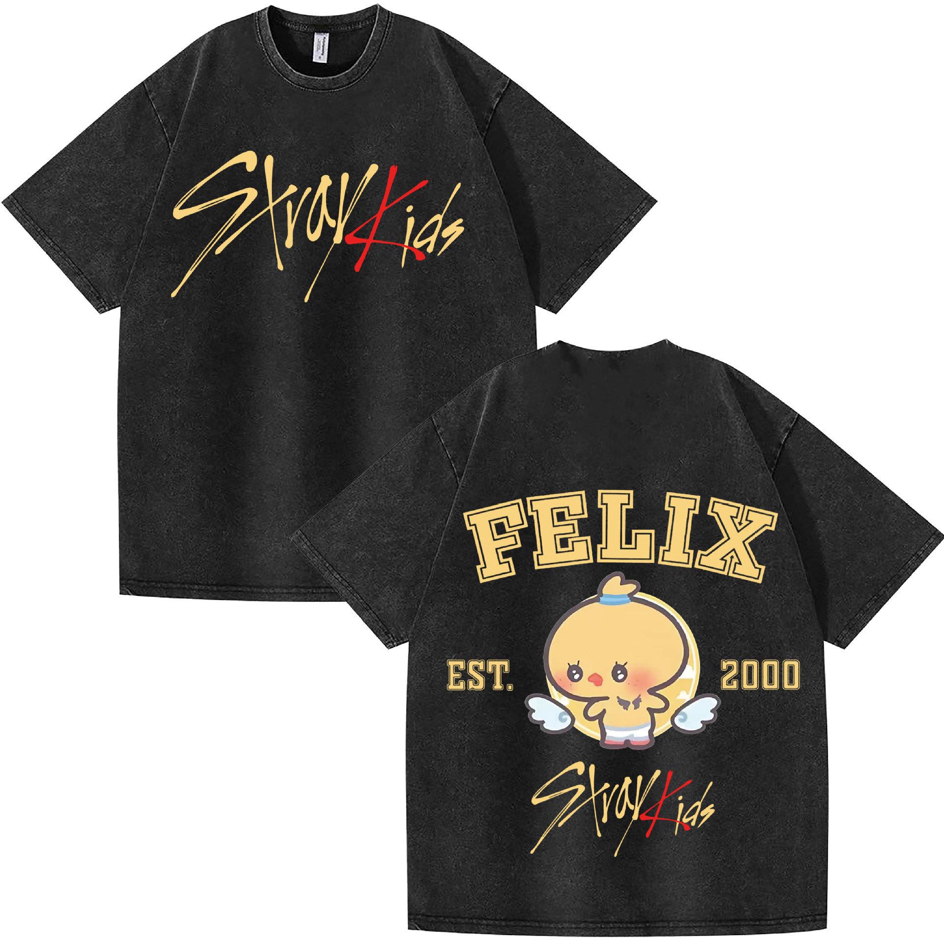 Washed Q Version Stray Kids Combination Peripheral Printing Summer Short-Sleeved T-Shirt Pure Cotton Loose S
